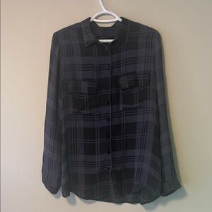 100% Silk Classic Plaid Button-Up Blouse in Black and Navy
